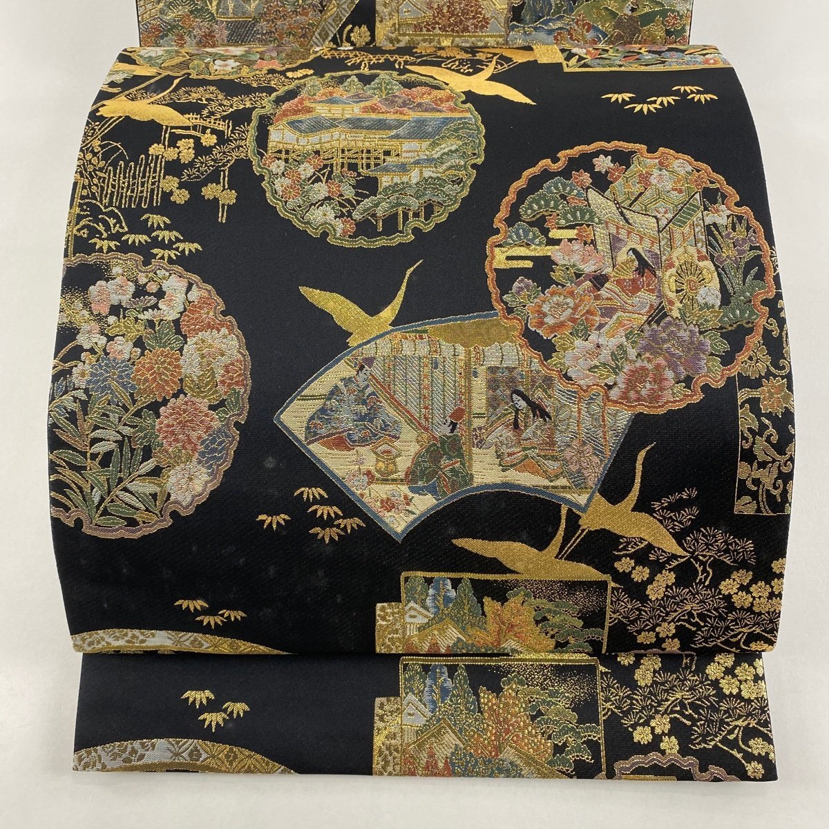 袋帯 秀品 雪輪 松竹梅 箔 金糸 黒 六通 正絹 【中古】 六通 箔 袋帯