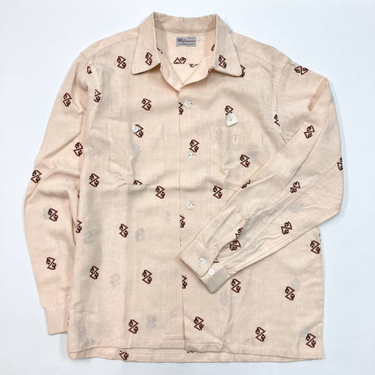 50S ビンテージ ENSENADA TWO FACE 開襟 長袖シャツ メンズ M サーモンピンク ボックスシルエット オープンカラーシャツ 50S60S vuz0024