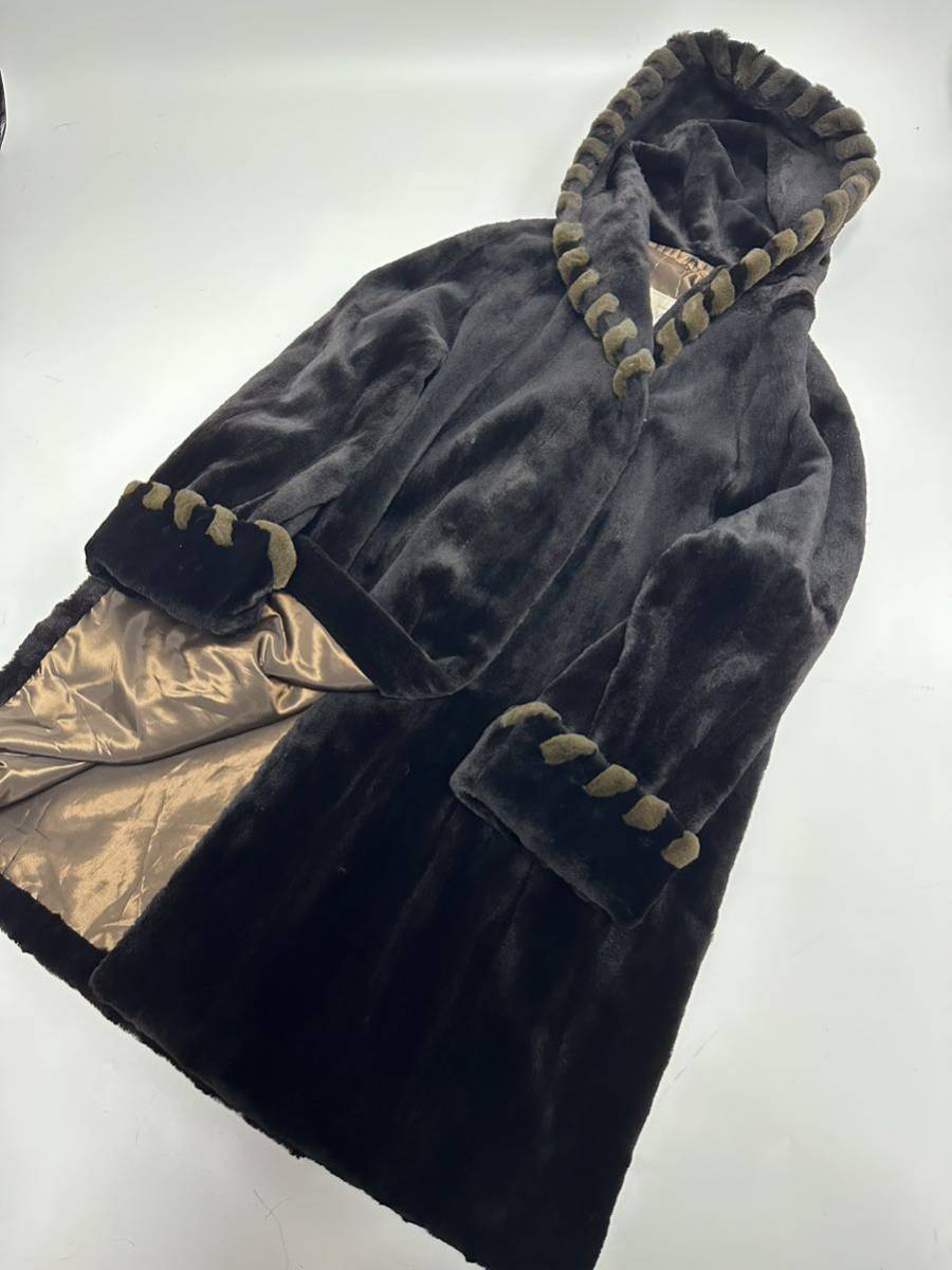 希少/美品 ブラック シェアードミンク/EMBA /フーデッド ファー コート 