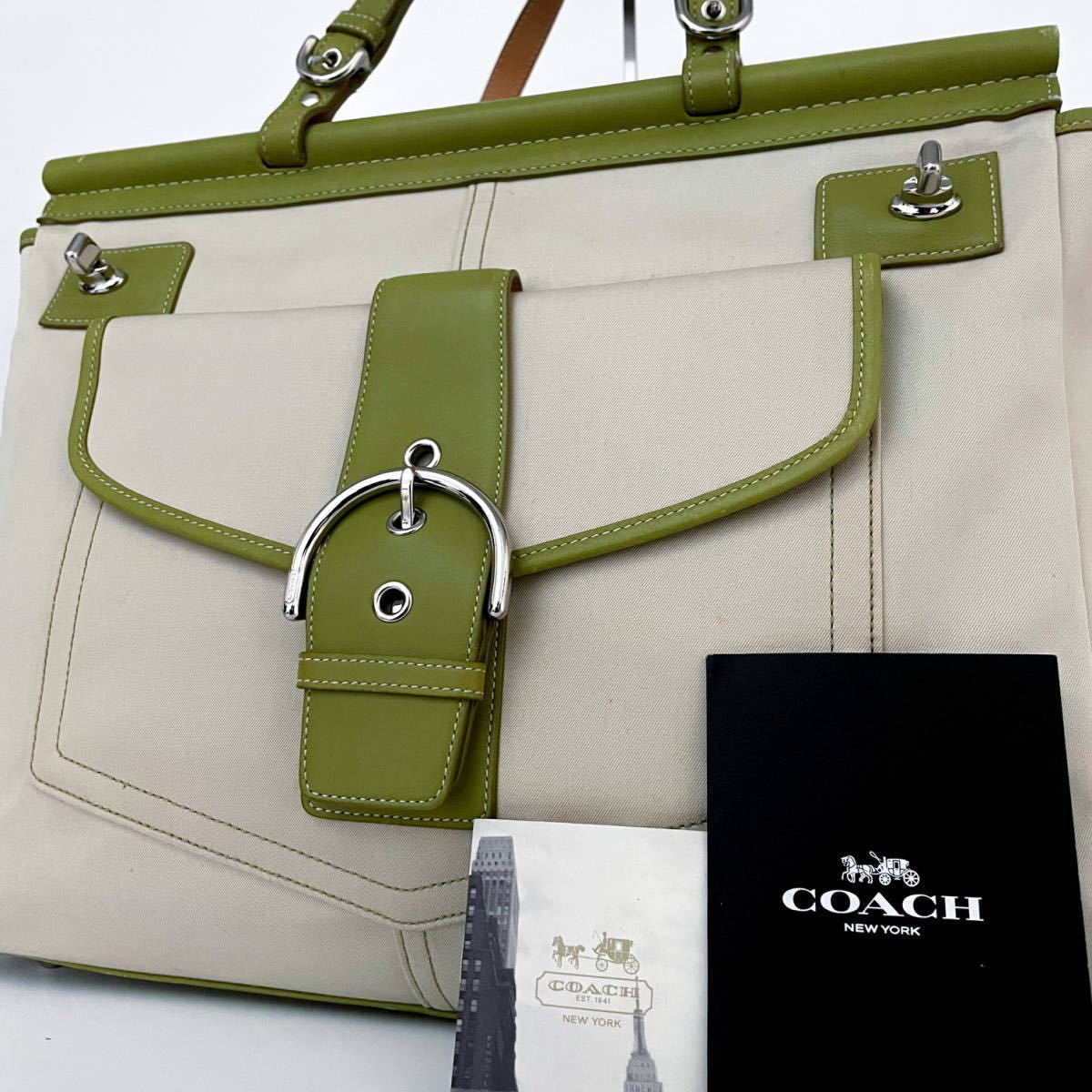 1円【入手困難品■高級品】COACH コーチ キャンバス ターンロック バイカラー A4 ビジネス バッグ トート レザー メンズ 大容量 ベージュ