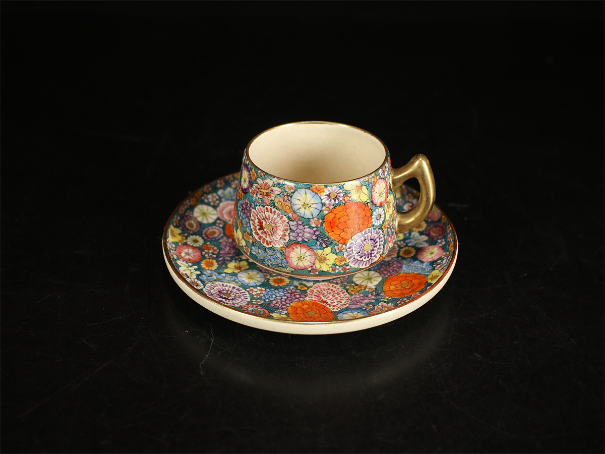 CC012 幕末 明治期 薩摩焼 小栗栖造 金彩色絵百花文 コーヒーコップ 