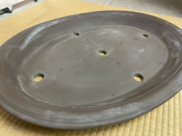 常滑焼 盆栽鉢 植木鉢 楕円 平鉢 大型 （落款 春芳）幅61cm X 奥行46cmX 高さ5cm 【現状出品】