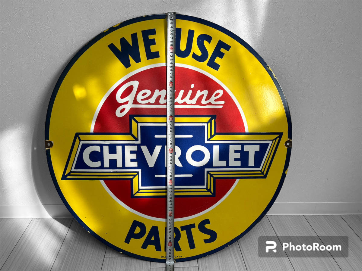 【送料無料】★1点限り シボレー ビンテージ看板 アンティーク CHEVROLET GENUINE PARTS オールドアメリカ 丸形 直径76cmメタル製/ブリキ★