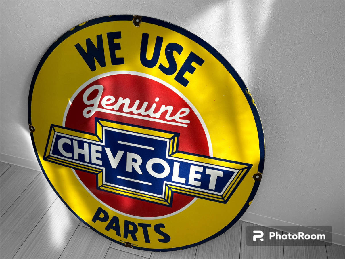 【送料無料】★1点限り シボレー ビンテージ看板 アンティーク CHEVROLET GENUINE PARTS オールドアメリカ 丸形 直径76cmメタル製/ブリキ★