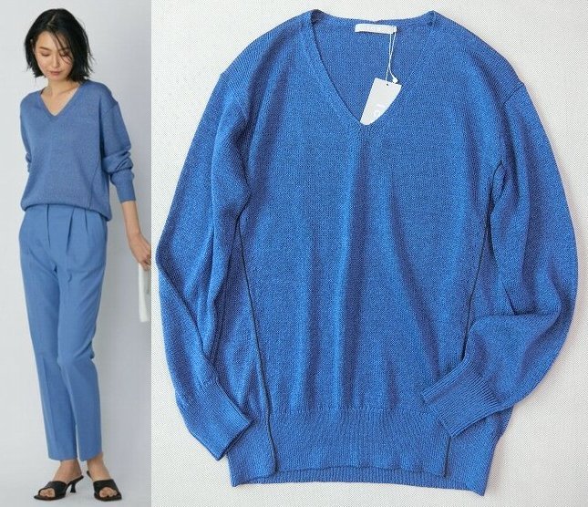 ■icb ペーパーブレンドシャインVネックニット/スマルトブルー18，920円■