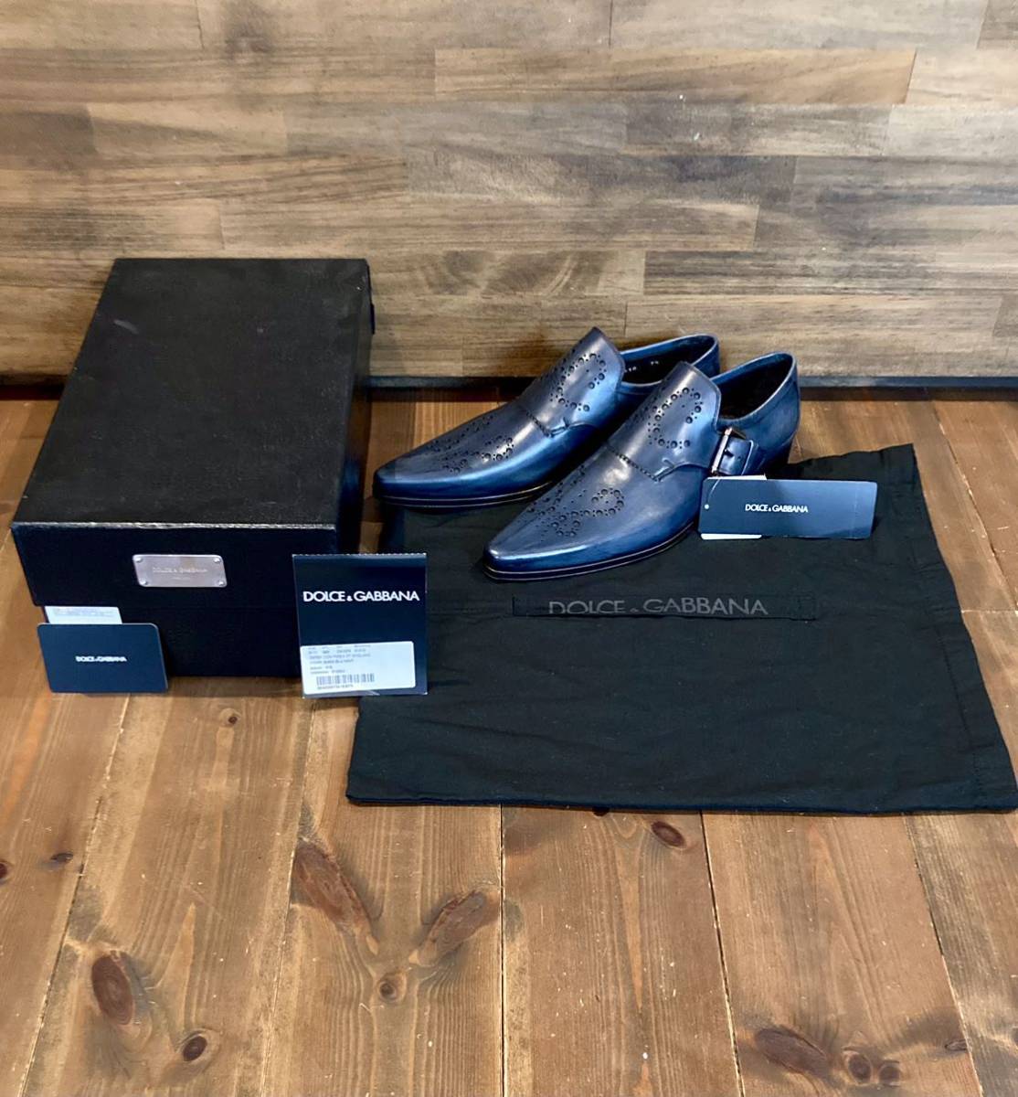 断捨離 国内正規 新品 DOLCE&GABBANA ドルチェ＆ガッバーナ 美麗ブルーパティーヌ バックル留め ロングノーズ シューズ メンズ 靴 41.5 7.5