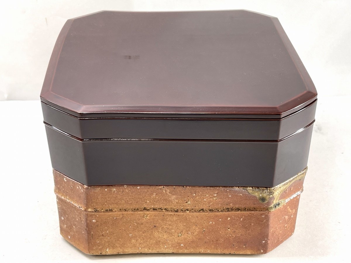 須田祥豊 重箱 二段重 陶器・漆器 共箱[01-3464