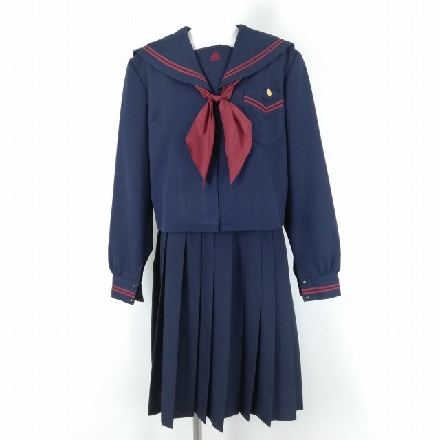 1円 セーラー服 ジャンパースカート スカーフ 上下3点セット 大きいサイズ 富士ヨット 冬物 赤2本線 中学 高校 紺 中古 ランクC EY6491