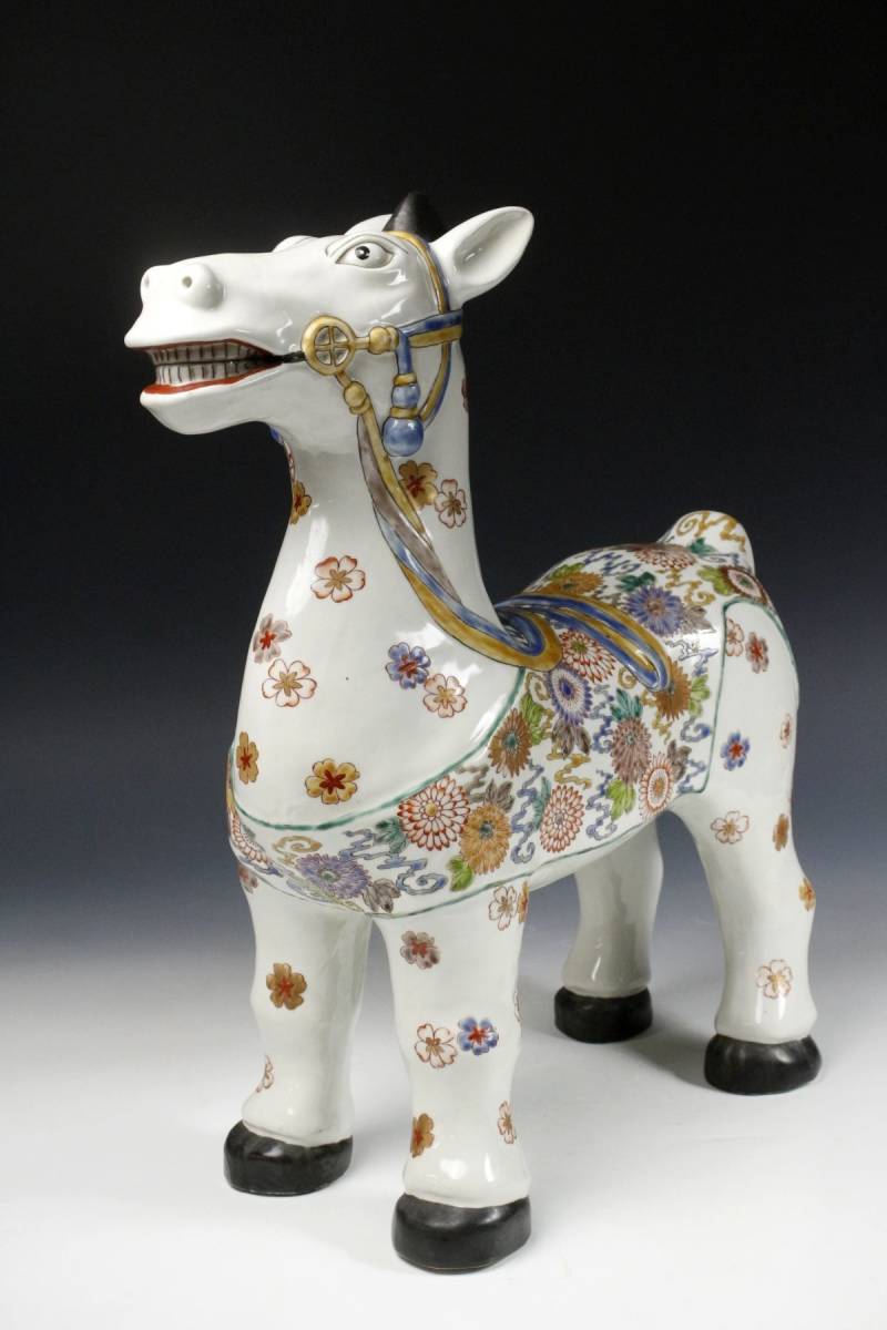 LIG】古伊万里 柿右衛門様式 色絵馬 特大46㎝ 馬置物 古美術品 旧家