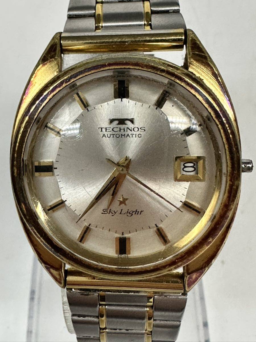 【9N37】 1円スタート TECHNOS AUTOMATIC Sky Lighr テクノス スカイライナー 稼動品 自動巻き デイト メンズ 腕時計