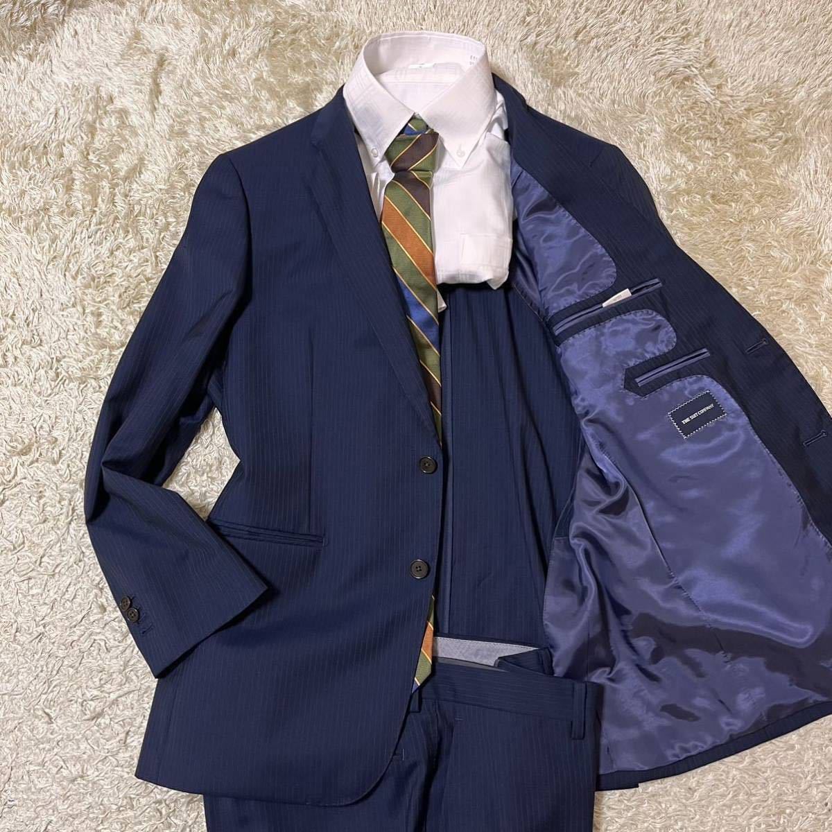 極美品 SUIT COMPANY 明るめネイビー　大人の色気　スーツカンパニー スリム セットアップ スーツ 2B伊生地　REDA super110 ネイビー