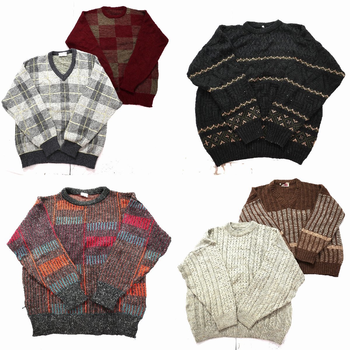 ◎セーターMIX set チェック柄 Vネック 古着 他 (メンズL/M) 6枚セット まとめ売り 古着卸 1円スタート KN10 MP8047