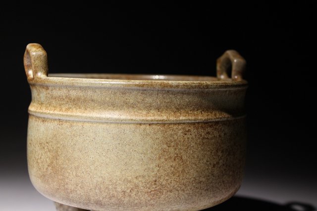 博物館展示品 来歴有 1357 宋時代 汝窯三足香炉 幅約13cm （検）青磁