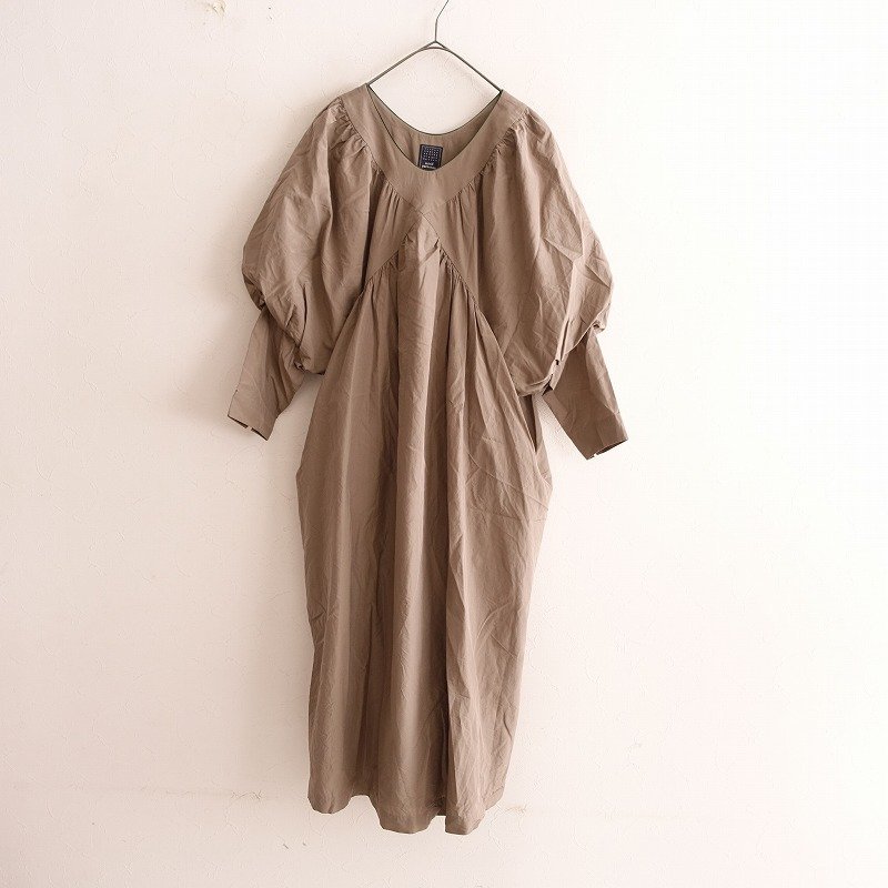 【定価8.2万】ミナペルホネン mina perhonen*muisti シルクコットンギャザードレス*36薄手ワンピースグレーブラウン(27-2310-14)【51J32】