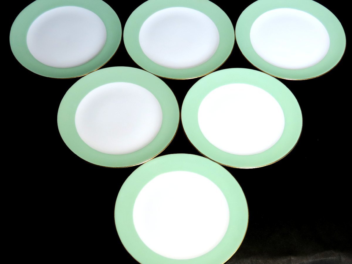 ■大倉陶園　　デザートプレート６枚セット　　ライトグリーン　　　〈同梱対象商品〉