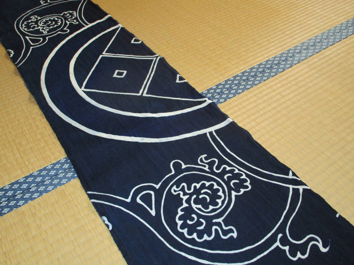 昔古布】大正期 無傷で 美品の 藍染手織木綿 筒描1幅 (長144