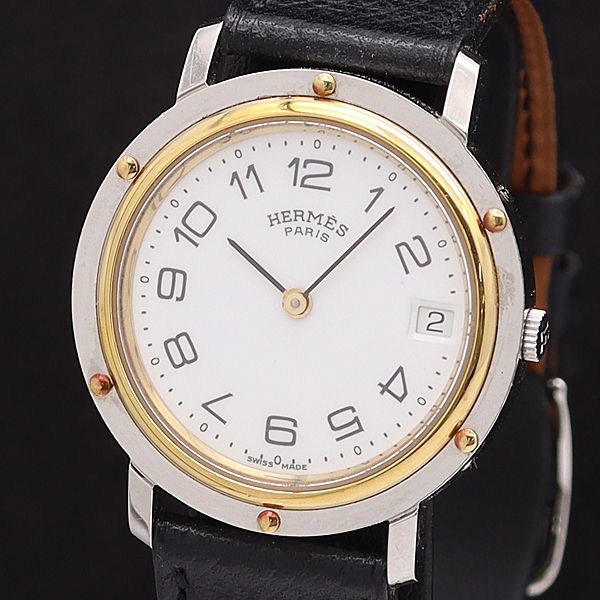 1円 稼働 良品 箱付 エルメス QZ クリッパー 白文字盤 デイト ラウンド メンズ腕時計 6371200KNK