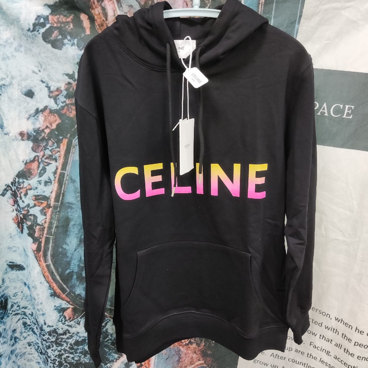 CELINE セリーヌ グラデーション ロゴプル オーバー スウェット パーカー 中古 ■ ブラック ■ サイズ XL