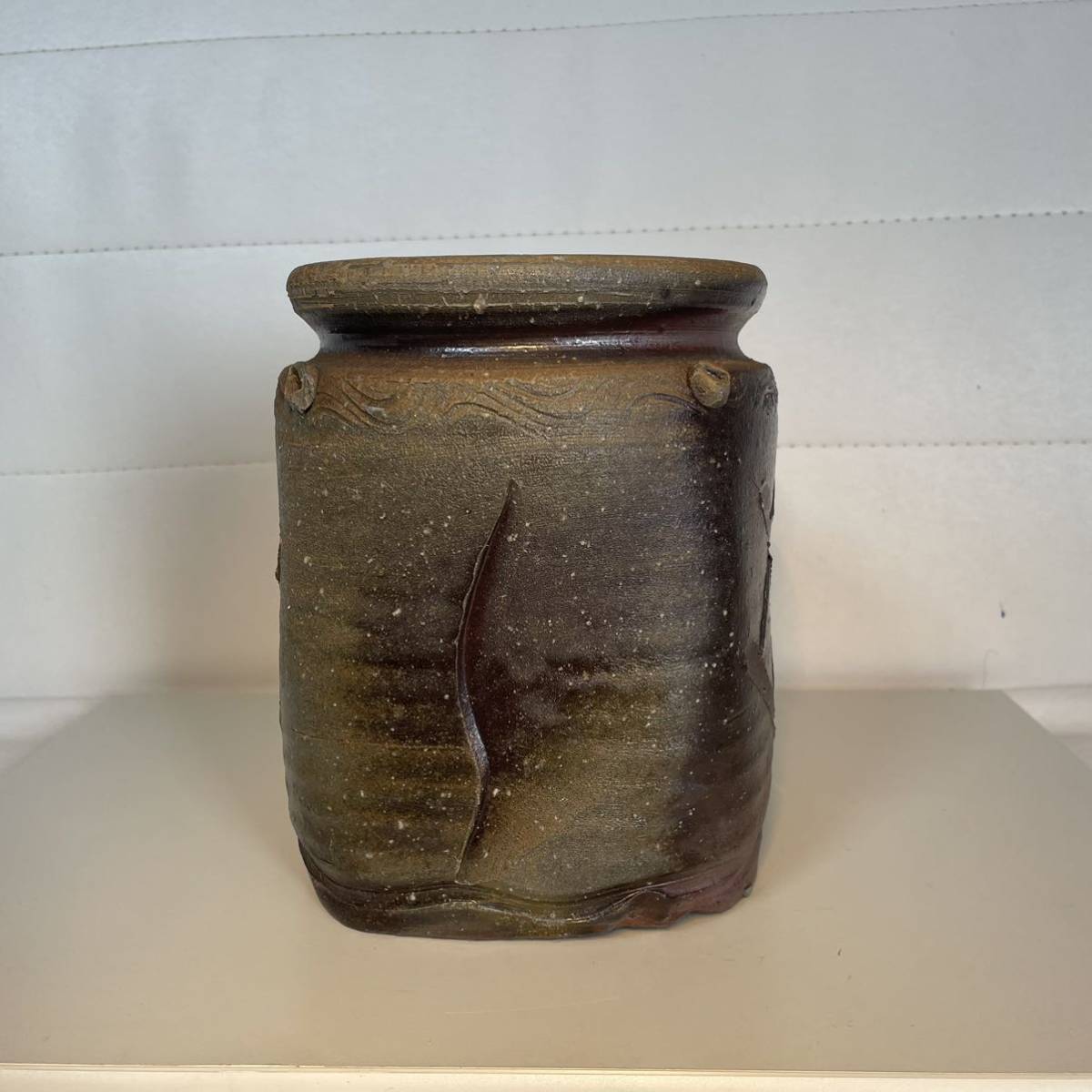 大清乾隆年製 浮文 双耳 青磁 花器 花瓶 h24cm /中国美術 古玩 茶道具