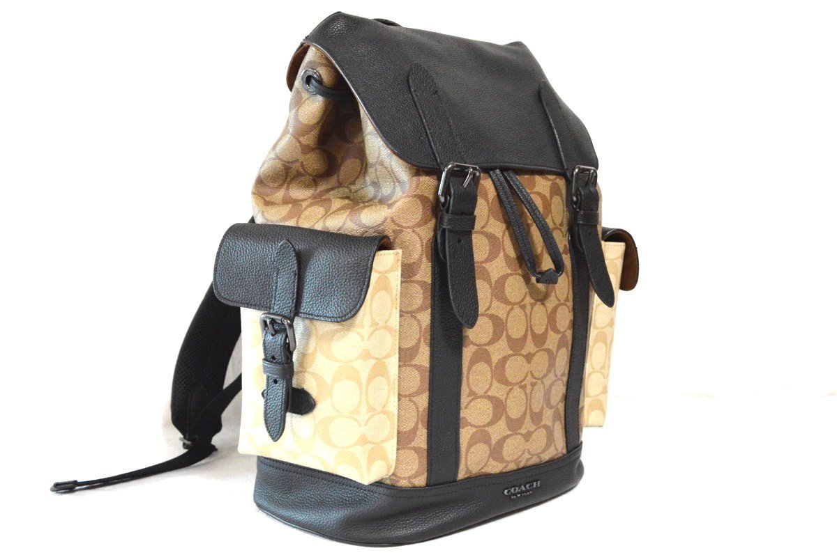 1円○極美品○コーチ○メンズリュックサック○シグネチャー柄 黒 
