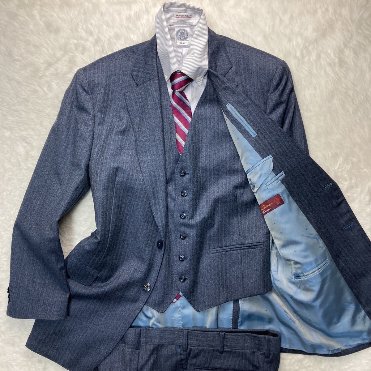 未使用◎エルメネジルドゼニア『極上スリーピース』Ermenegildo Zegna スーツ ヘリンボーン ネイビー ジャケット ベスト ストライプ 秋冬 L