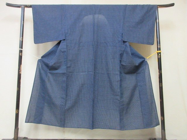 1円 良品 正絹 長着 着物 紬 男性用 アンティーク 無地 紺 幾何学 抽象 渋い 高級 単衣 身丈147cm 裄69cm【夢職】★★★