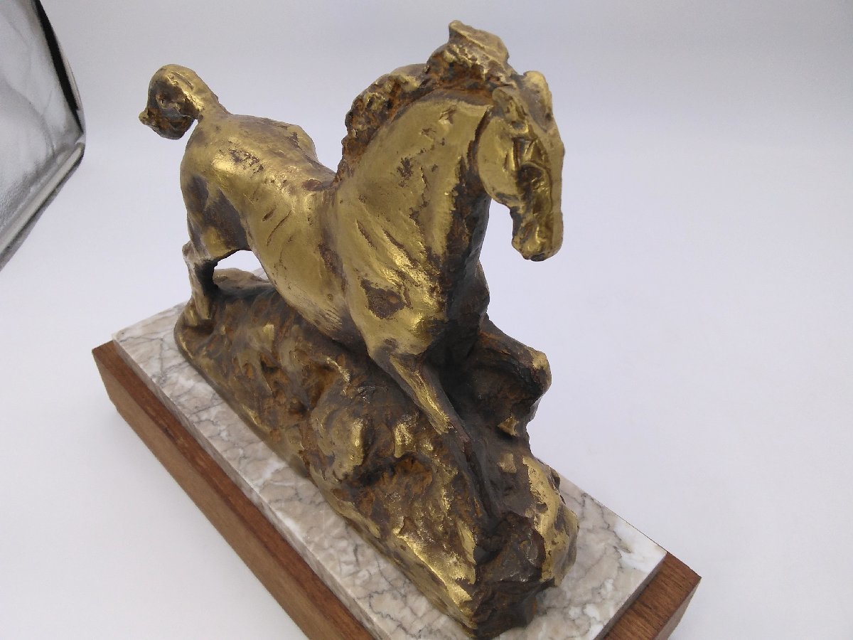 北村西望 馬 ブロンズ製 金属彫刻 置物 金青銅仕上げ 木製石台付