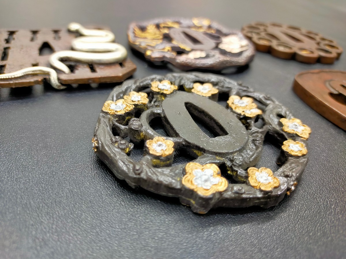 特典 刀鍔 5枚セット 蛇の図 銅地 絵金銀 日本刀装具 鍔 つば 鐔 刀鐔 