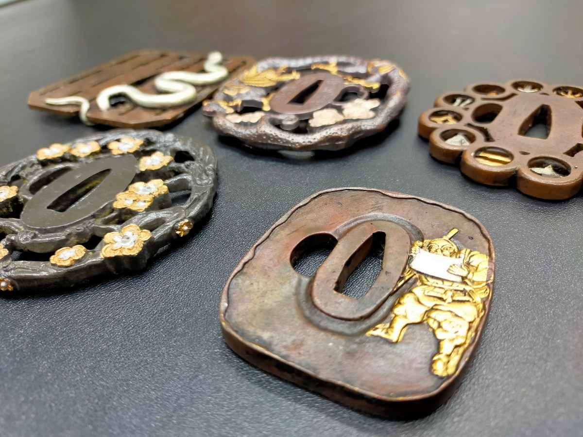 特典 刀鍔 5枚セット 蛇の図 銅地 絵金銀 日本刀装具 鍔 つば 鐔 刀鐔 