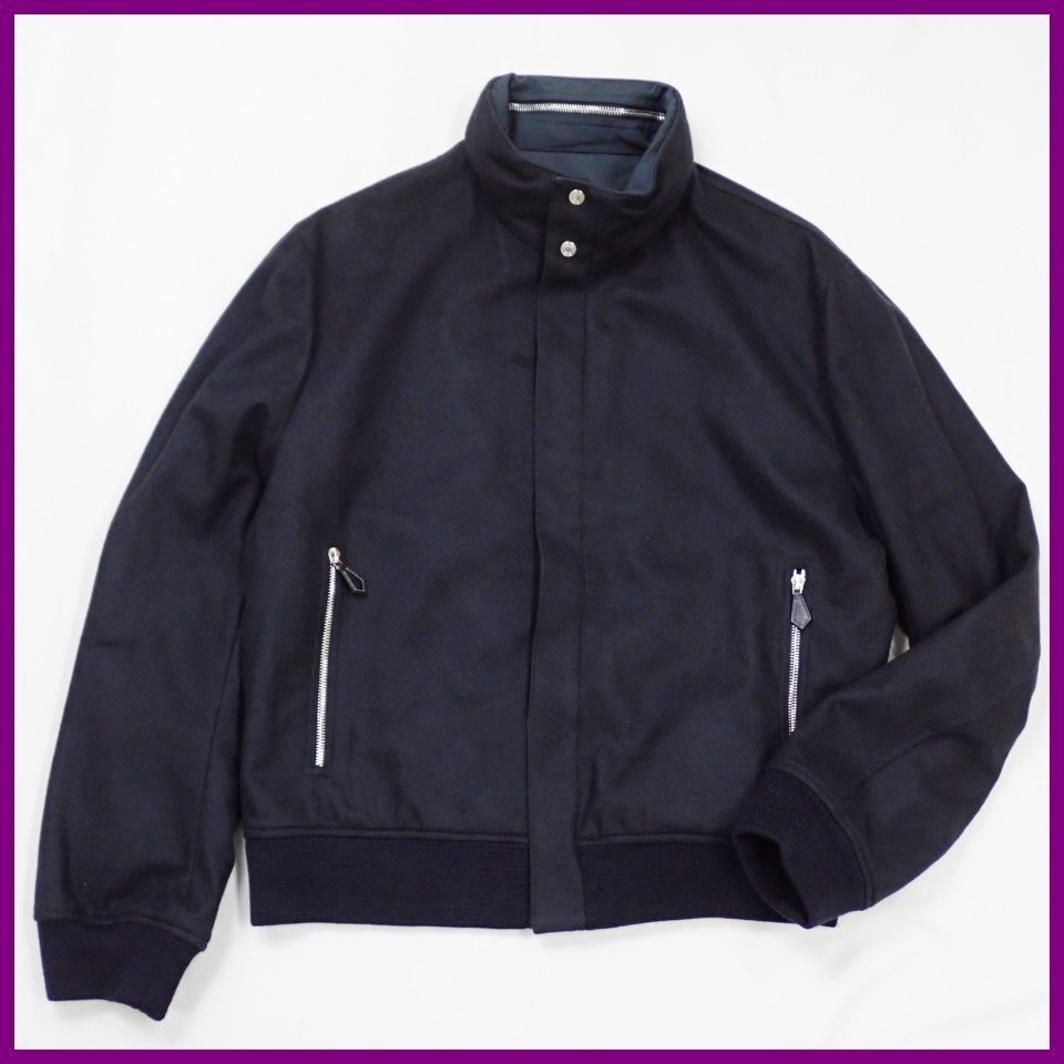 ★未使用 HERMES/エルメス リバーシブルブルゾン 52/メンズL相当/ダークネイビー/ナイロン/カシミヤ100％/フード収納可&1928300023