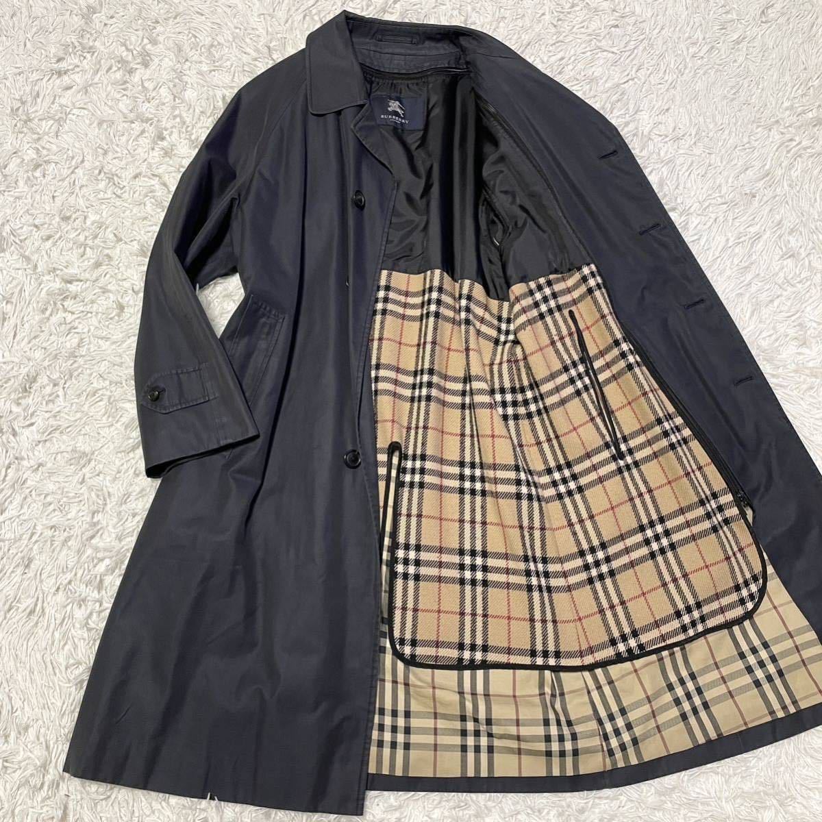 希少L バーバリーロンドン BURBERRY LONDON ステンカラーコート ロング丈 ノバチェック カシミヤ ライナー付属 比翼仕立て 紺 ネイビー 
