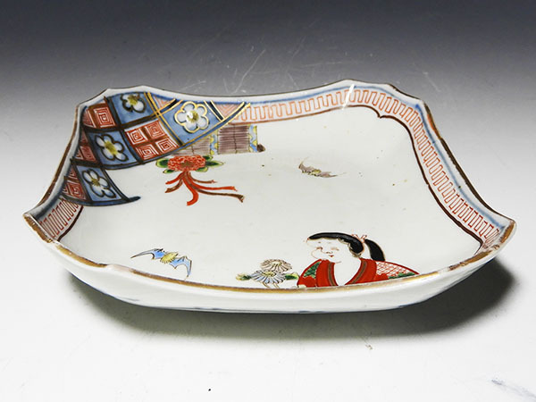 美品 古伊万里 色絵 染付 四方皿 正方形皿 アンティーク 陶芸 工芸品