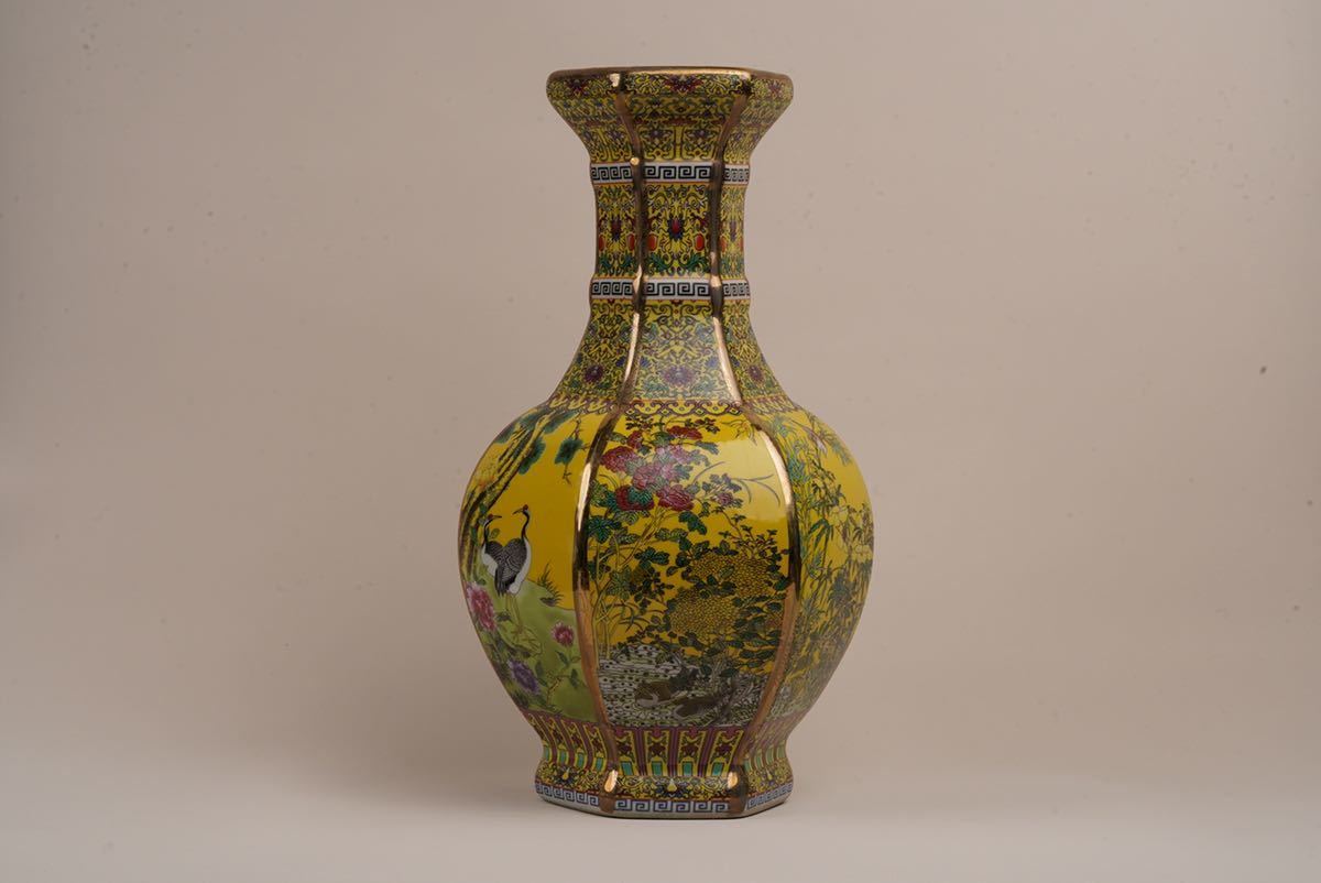 中国 古玩 乾隆 琺瑯彩 花瓶 大清 黄地 清時 骨董品