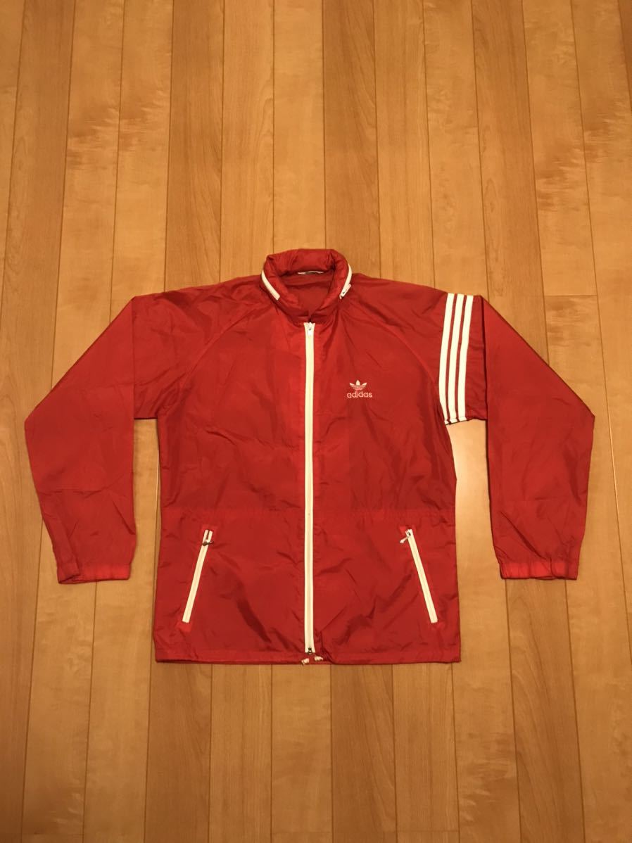 良品☆デサント／80s adidas・アディダス メンズサイズL ビンテージ フード収納式フルジップ薄手ナイロンジャケット OLD三つ葉ロゴジャージ
