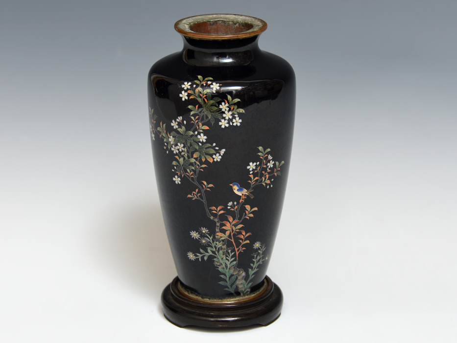 花瓶 七宝焼 花器 花入 花生 中国 花唐草文（花文）金彩 七宝細工 木製