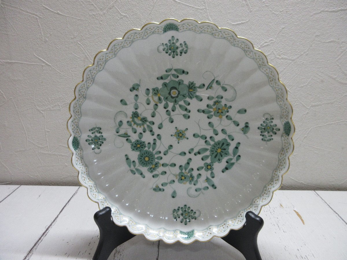 D 1円 Meissen インドの華 マイセン グリーン 金彩 大皿 希少 約27.5cm