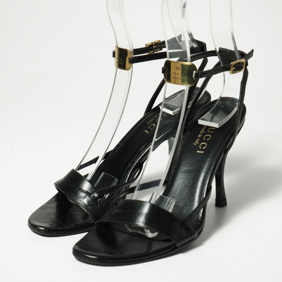 GO0731△*イタリア製*GUCCI グッチ*レザー*メタルロゴ*アンクルストラップ サンダル*靴*ブラック*34.5C/22.5cm相当