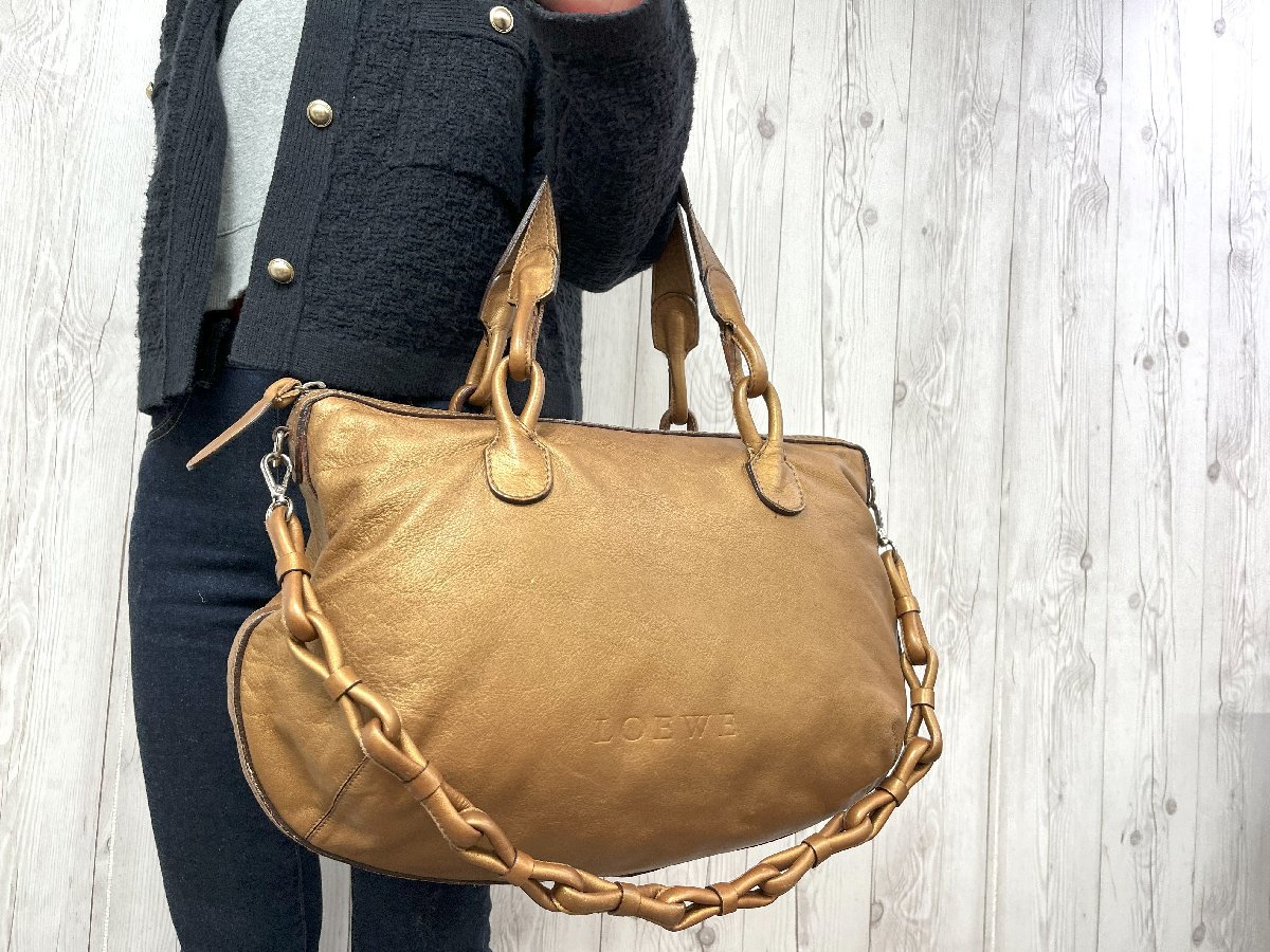 極美品 LOEWE ロエベ トートバッグ ショルダーバッグ バッグ レザー ブロンズ系 A4収納可 2WAY 65785