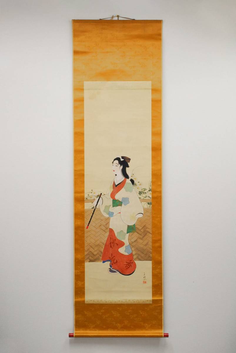 中国古美術 清代 錢慧安 人物と樹木の水彩掛軸 絹本 三尺 手描き 中堂画 肉筆 真作】 掛軸 木谷千種 美人画 絹本に彩色 ○ 人物画 日本画 0110007-