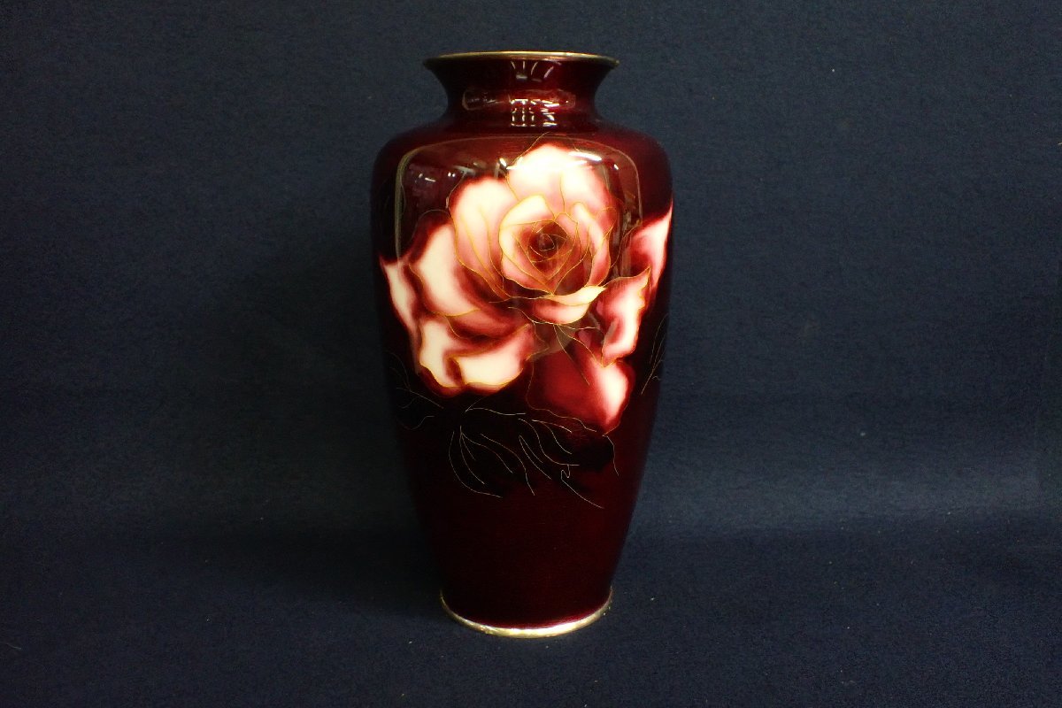 安藤七宝 七宝焼 花瓶】菊文様 赤系 高さ約24cm（8号相当） 安藤七宝