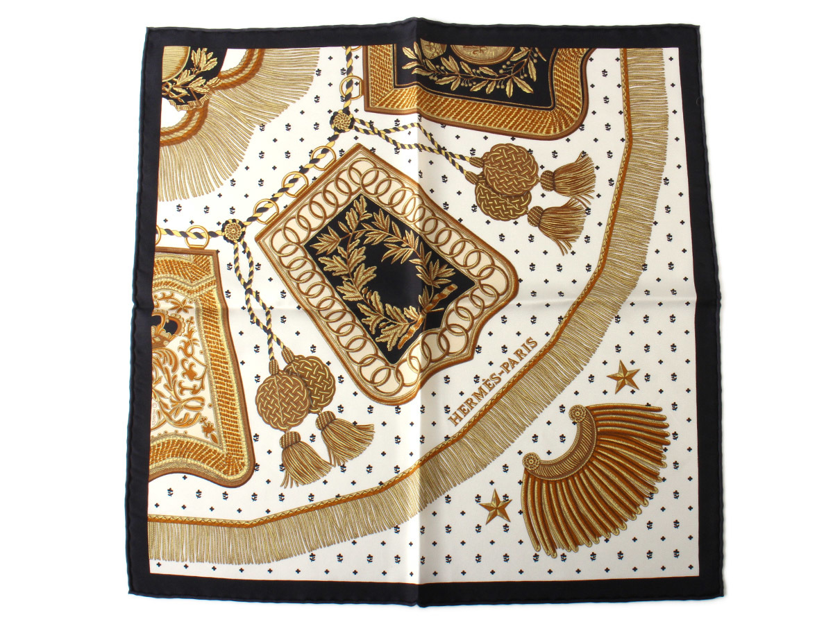 N13520 新品未使用 HERMES エルメス ミニ スカーフ ガヴロッシュ サーベル 総柄 ブラック×ホワイト×ゴールド プチカレ シルク系