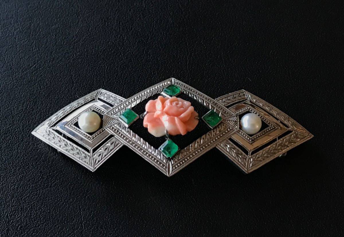 アール・デコ 彫金 真珠 珊瑚 エメラルド 帯留 アンティーク SP刻印