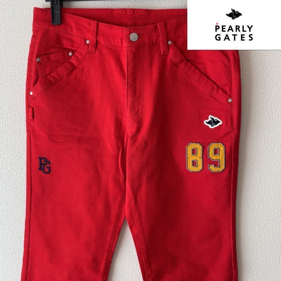 【M/サイズ4 新品　PEARLY GATES/パーリーゲイツ/メンズ/ストレッチパンツ/ゴルフパンツ/ワッペン/刺繍/オシャレ/赤/レッド/展示品