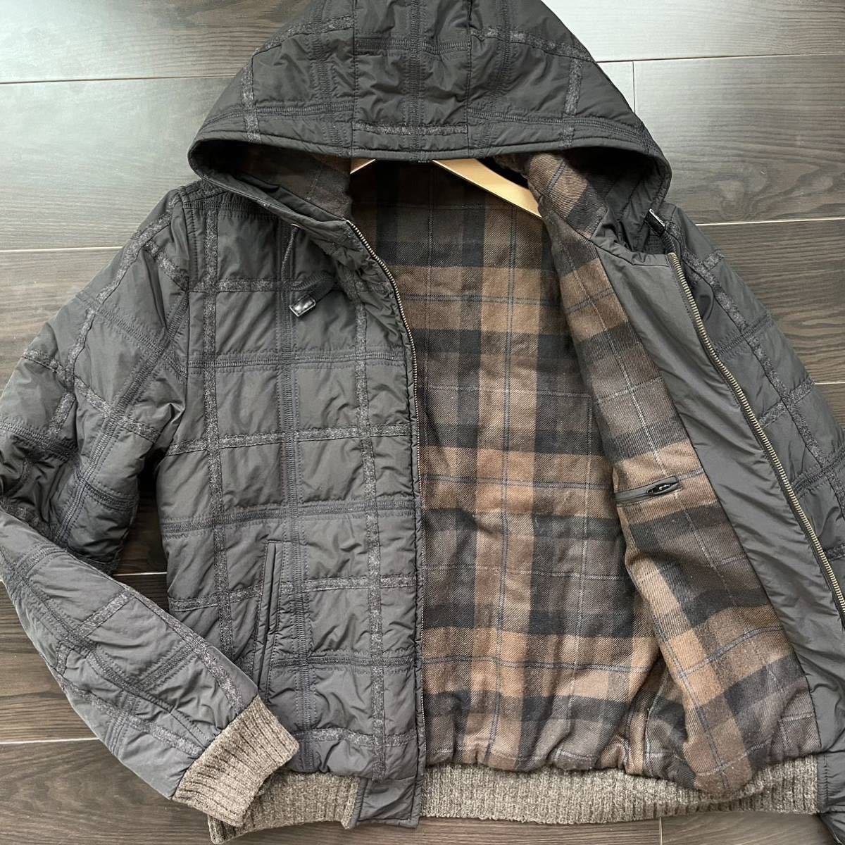 美品 M〜L相当 DOLCE&GABBANA ドルチェ&ガッパーナ ダウンジャケット ドルガバ チェック キルティング ブラック ウール メンズ フード