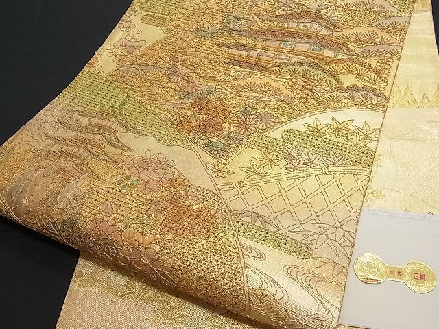 平和屋-こころ店■西陣 太鼓柄袋帯 中国三大刺繍 汕頭刺繍 スワトウ刺繍 螺鈿 風景草花文 金糸 金彩 証紙付き 正絹 逸品 1A-ma160