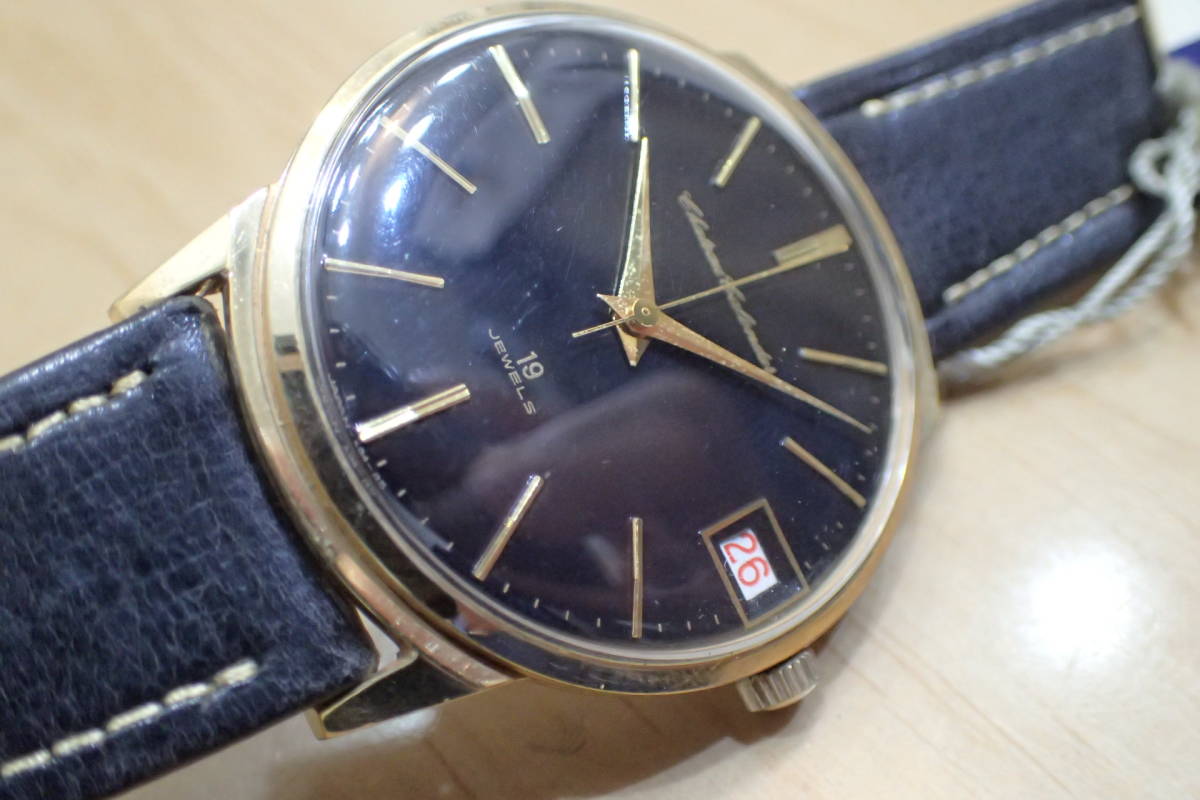 激レア/タグ付き未使用 ◆デッドストック シャトー カレンダー ◆変わり文字盤/ブラックミラーダイヤル 手巻きメンズ腕時計