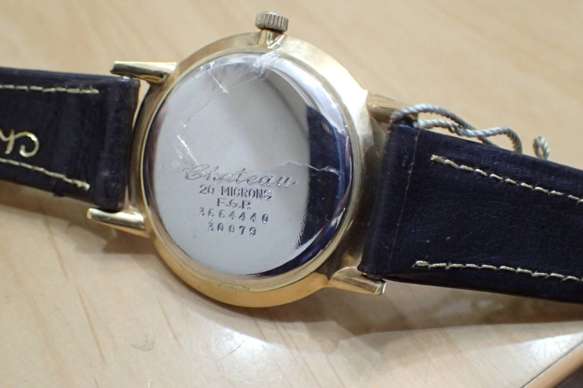 激レア/タグ付き未使用 ◆デッドストック シャトー カレンダー ◆変わり文字盤/ブラックミラーダイヤル 手巻きメンズ腕時計