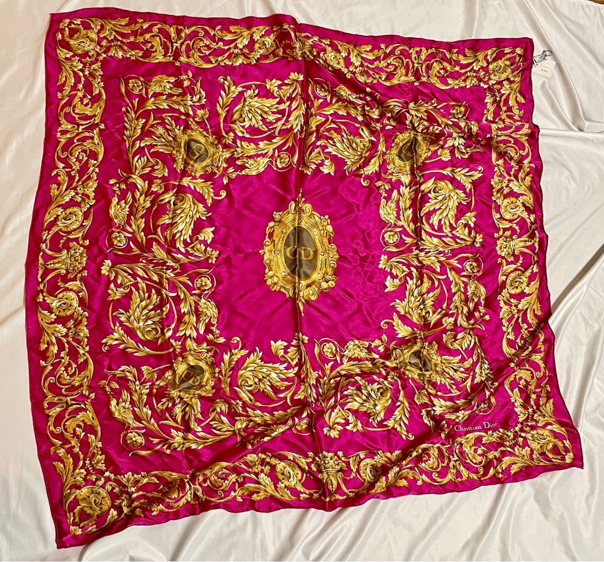 1円〜Christian Dior クリスチャンディオール 大判 シルクスカーフ 絹100% タグ付き