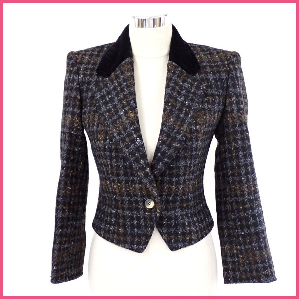 ★G.GUCCI/オールドグッチ ピークドラペル ツイードジャケット 38/レディースS～M相当/ブラック/チェック/ウール/ヴィンテージ&1577906206