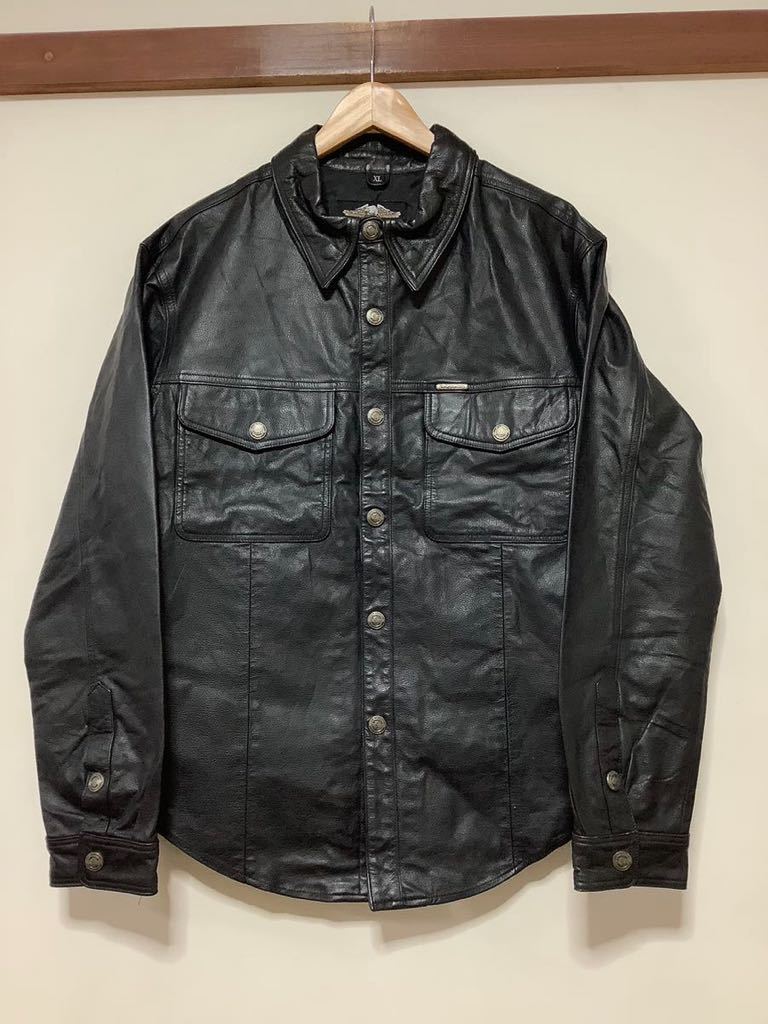 は1255 HARLEY-DAVIDSON ハーレーダビッドソン レザー長袖シャツ XL ブラック バイカー 